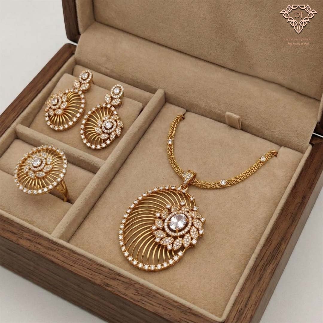 Diamond pendant with earring and ring